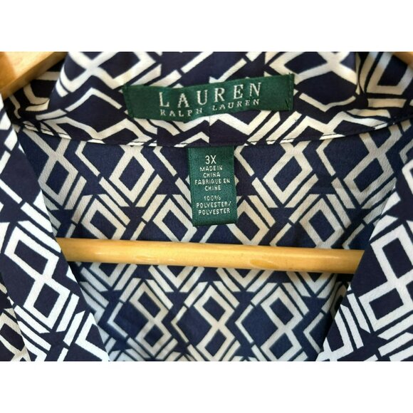 Lauren Ralph Lauren Blue White Geometric Print Blouse 3X Pullover Long Sleeve - Picture 3 of 5